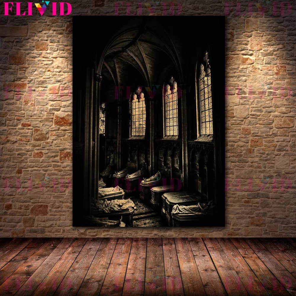 Art mural vintage d'architecture de château mystérieux et d'église, peinture sur toile, affiche d'ar