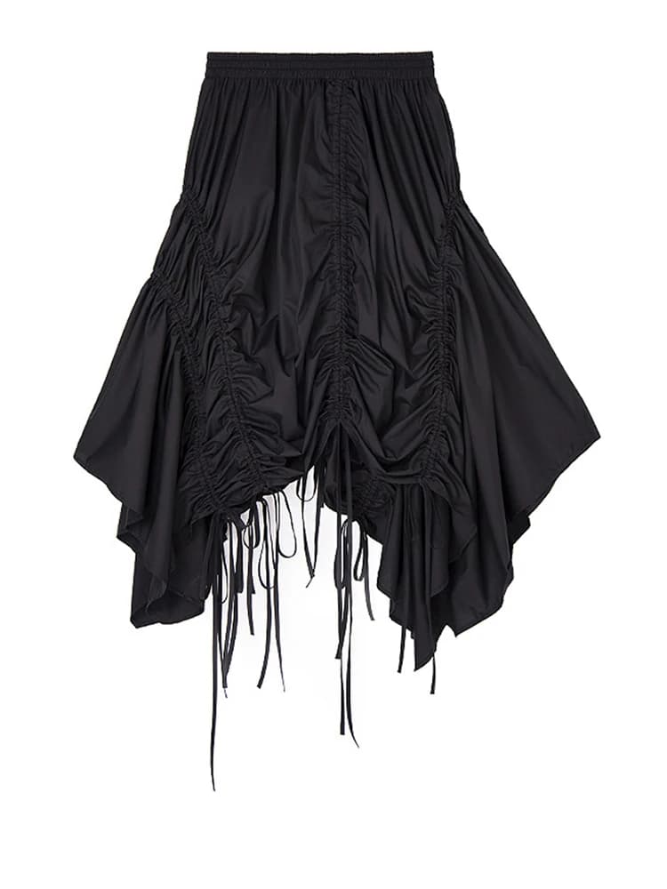[EAM] taille haute élastique noir ourlet irrégulier cordon demi-corps jupe femmes mode marée nouveau