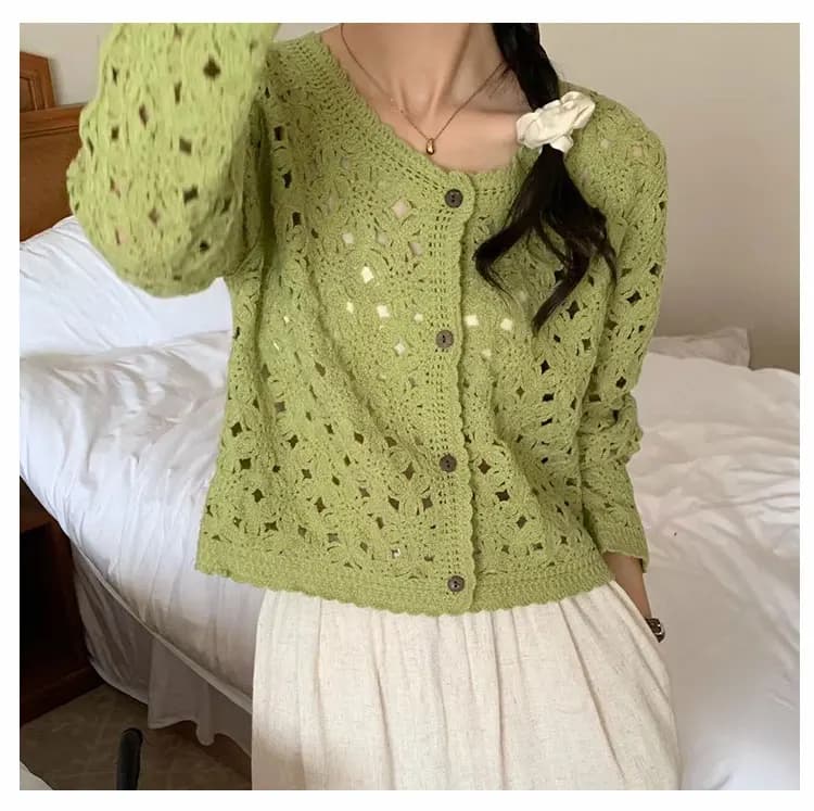 Haut en Crochet à manches longues pour femmes, veste Cardigan en tricot ajouré à boutons transparent