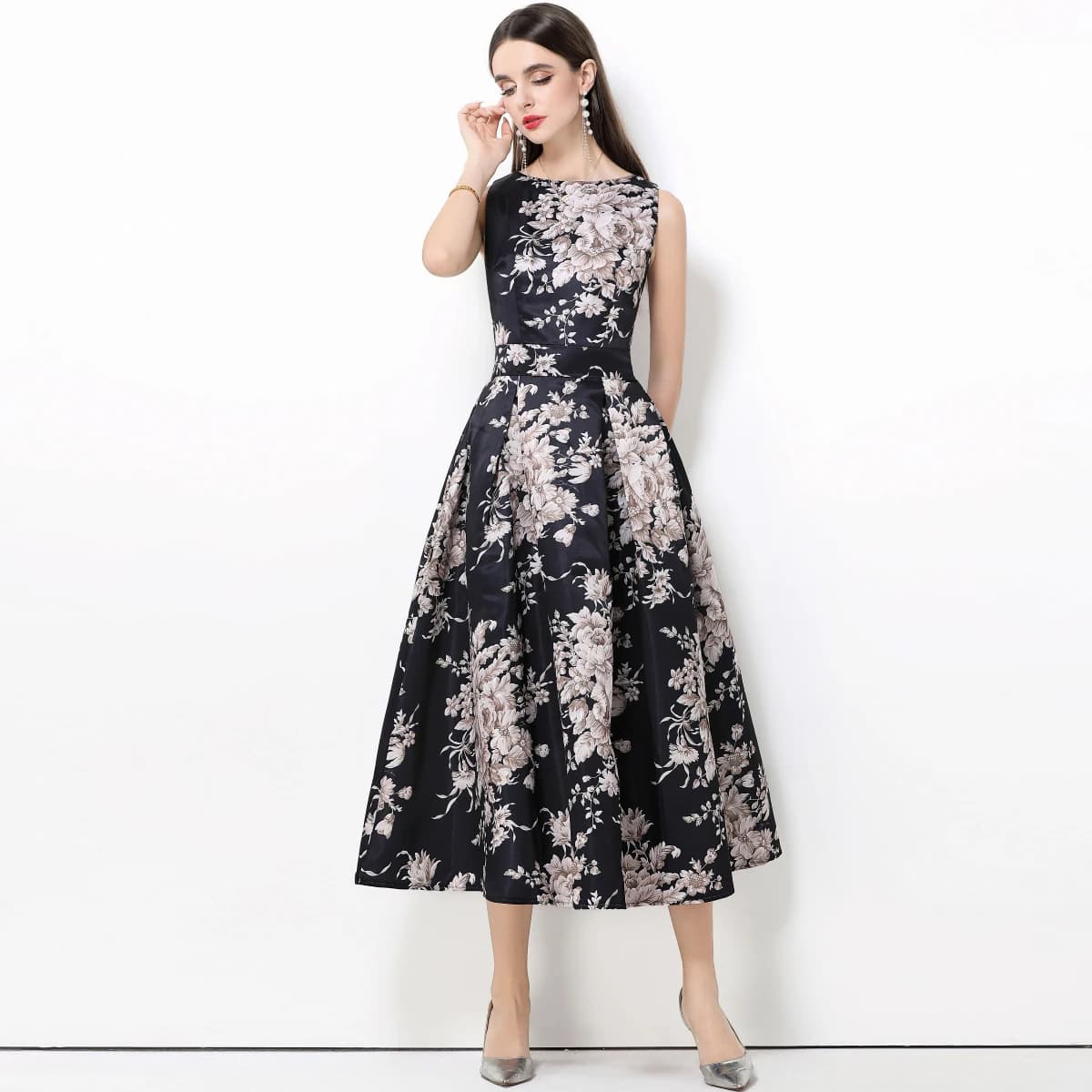 Robe longue élégante à fleurs pour femmes, Vintage, sans manches, en Satin, imprimé floral, robe de 