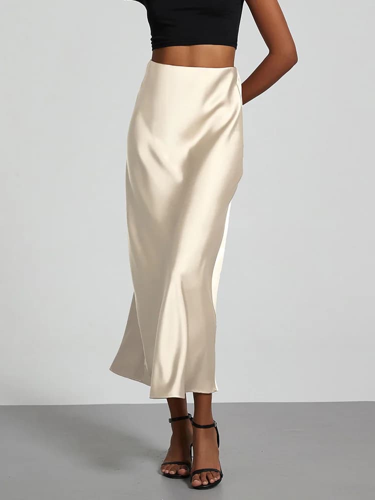 Mode Satin fête jupe longue taille haute couleur unie décontracté basique femmes jupes queue de pois