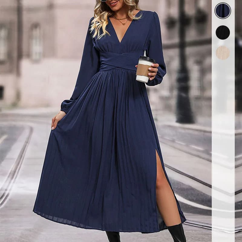Robes de soirée élégantes pour femmes, couleur unie, col en V, manches longues, robe mi-longue avec 