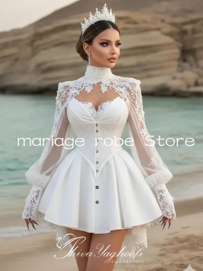 Robes de mariée courtes noires gothiques pour la plage, à manches longues, avec corset et col montan
