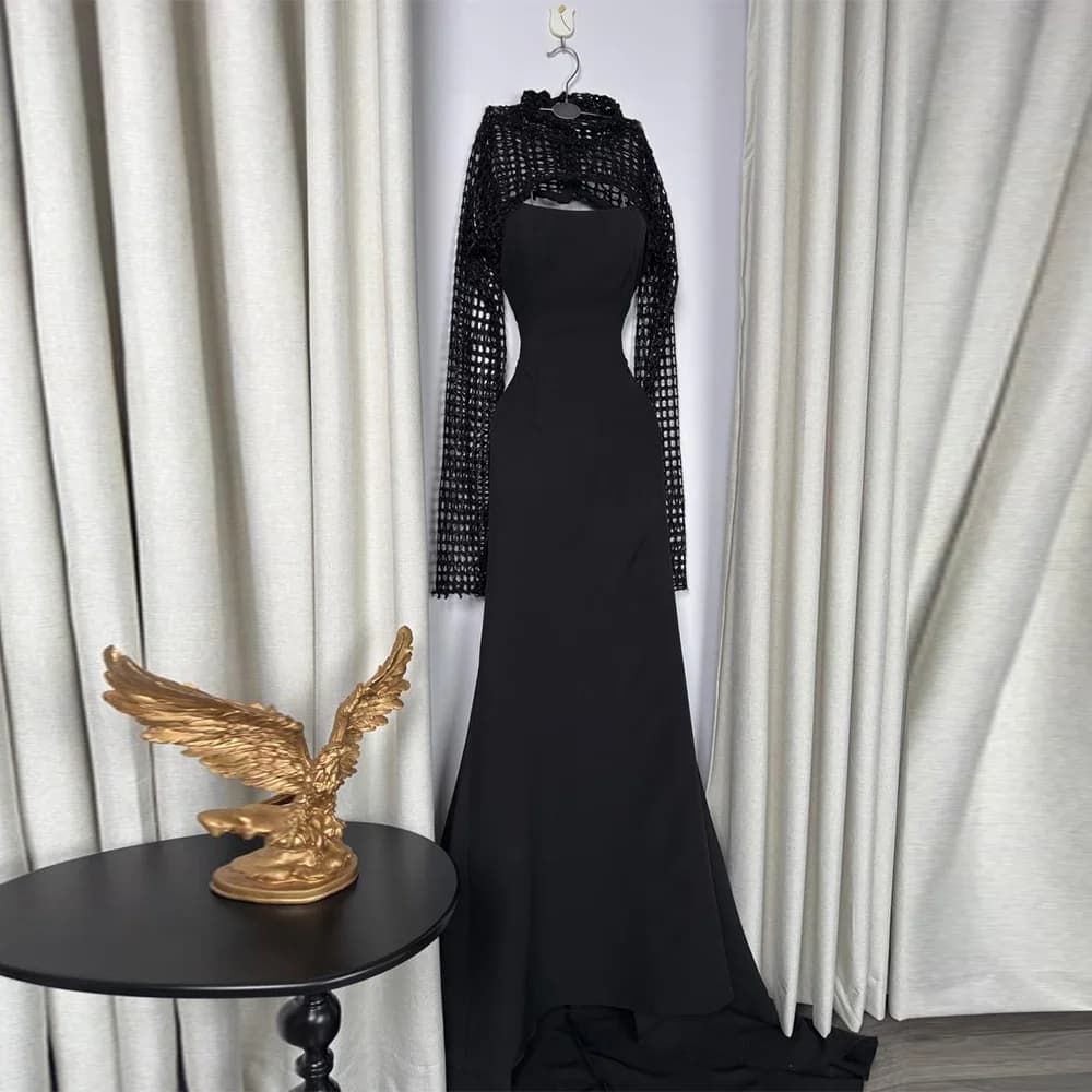 Robe de soirée noire à col rond et manches longues, style sirène, personnalisée, de haute qualité, p
