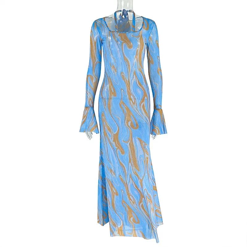 Robe longue pour femme à imprimé tie-dye, col rond, rubans décoratifs, manches longues évasées, cein