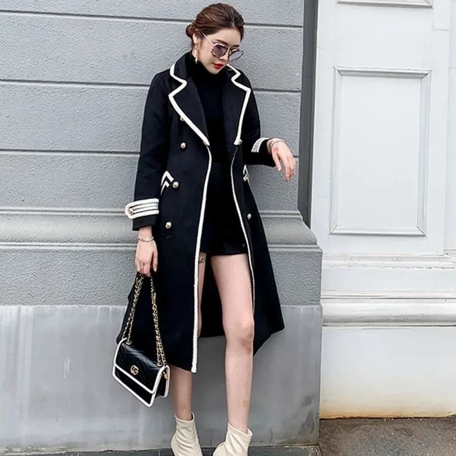 Femmes blanc Long manteau de laine automne hiver britannique Hepburn Style épaissir mince Double bou