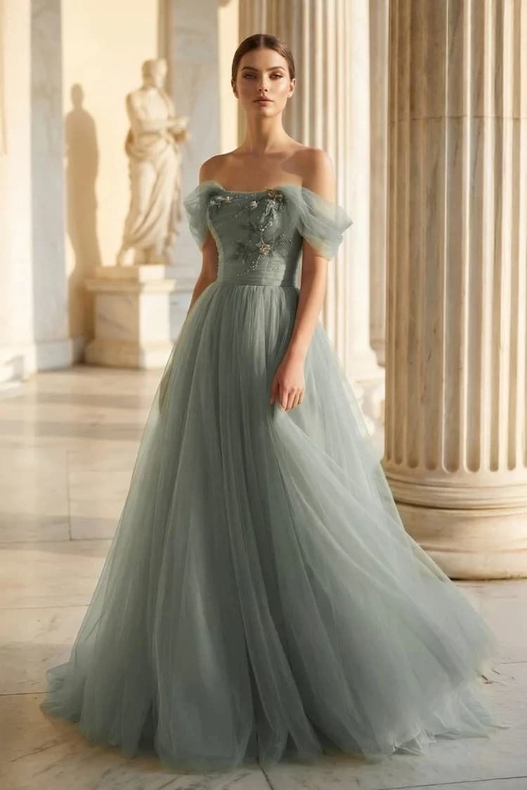 Robes de bal longues en tulle vert sauge élégantes et personnalisées, à épaules dénudées, longueur a