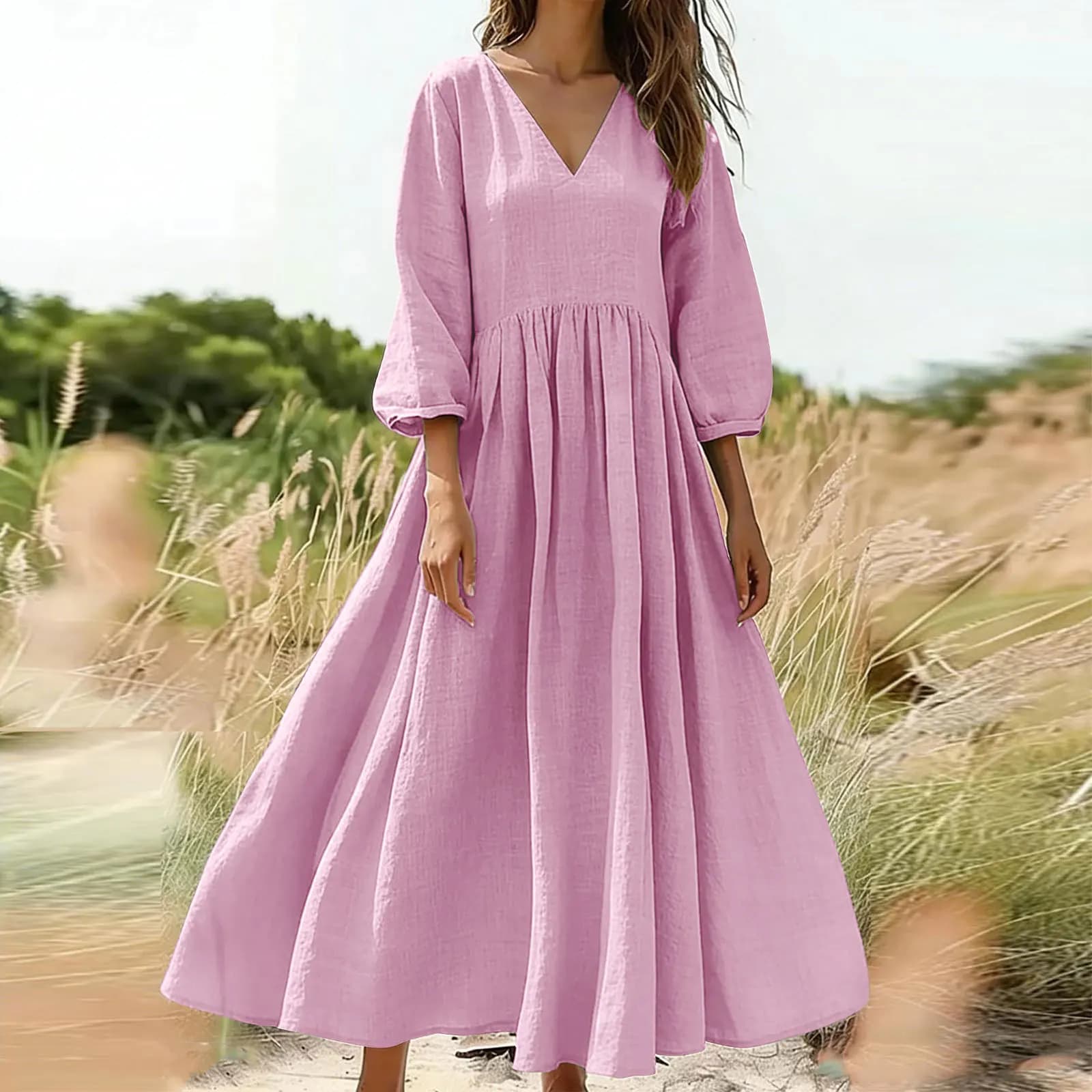 Robe longue bohème en coton et lin avec poches, col en V, jupe plissée, style décontracté, confortab
