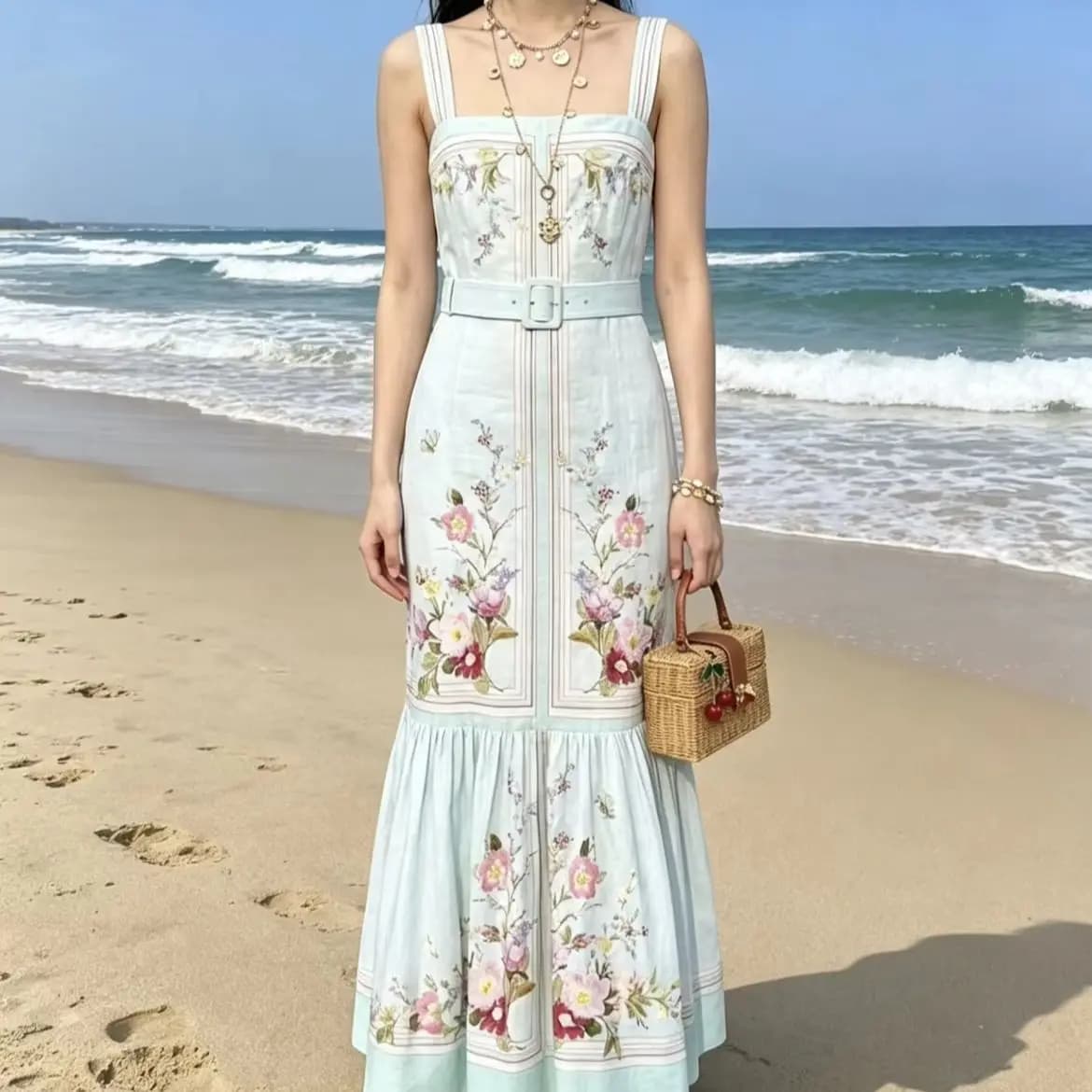 Robe sans manches à imprimé floral vert pour femmes, taille haute, mode décontractée, robe de plage 