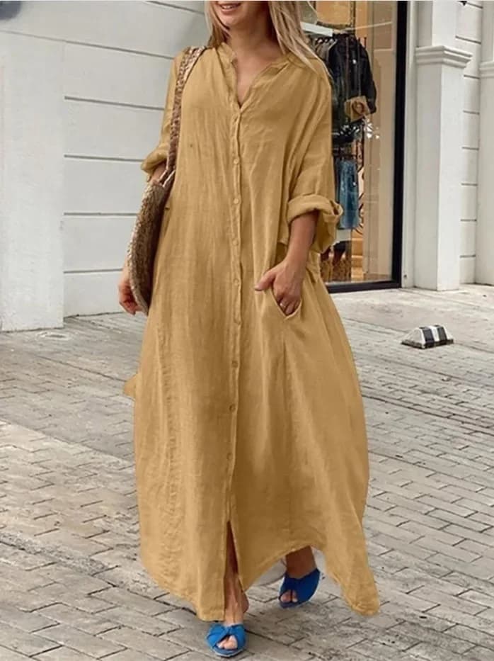 Robe longue décontractée en coton et lin pour femme 2026, couleur unie, manches longues, coupe overs