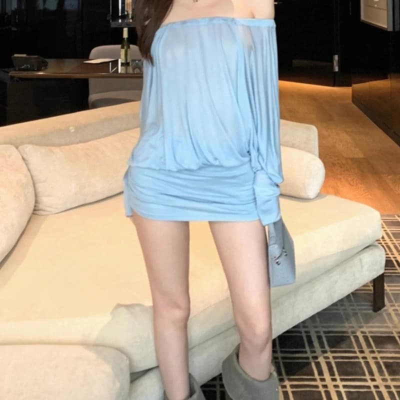 Robe asymétrique à manches longues chauve-souris, nouveau style avec sac de taille et jupe moulante,