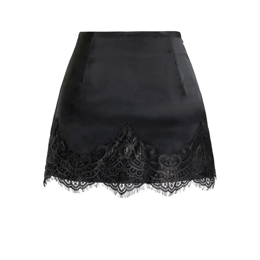 Jupe simple unie à bordure en dentelle, coupe trapèze irrégulière, courte et ajustée, en satin de so