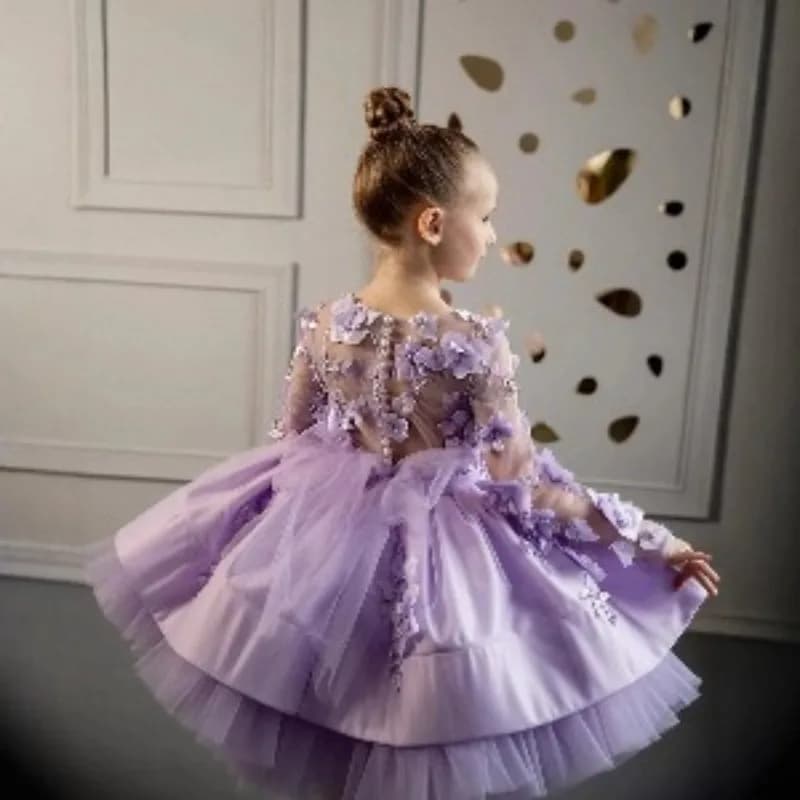 Robe de soirée violette à manches longues pour filles, robe de princesse bouffante en Tulle pour ann