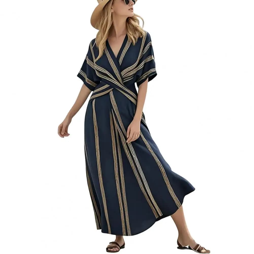 Robe longue d'été pour femme, robe maxi rayée à manches courtes et col en V, robe décontractée fluid