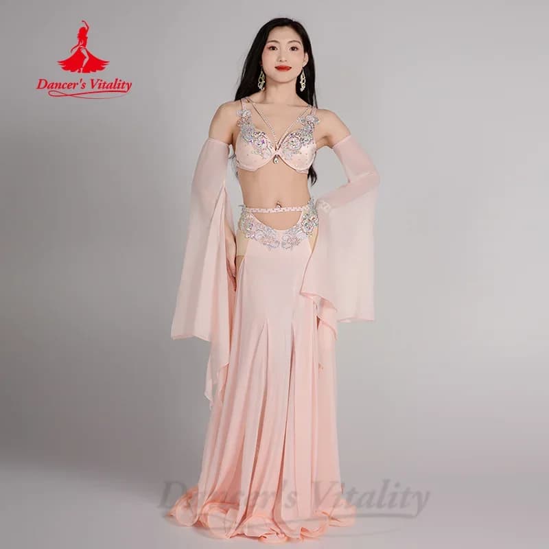 Costume de danseuse du ventre pour femmes, soutien-gorge + manches + jupe longue en mousseline de so