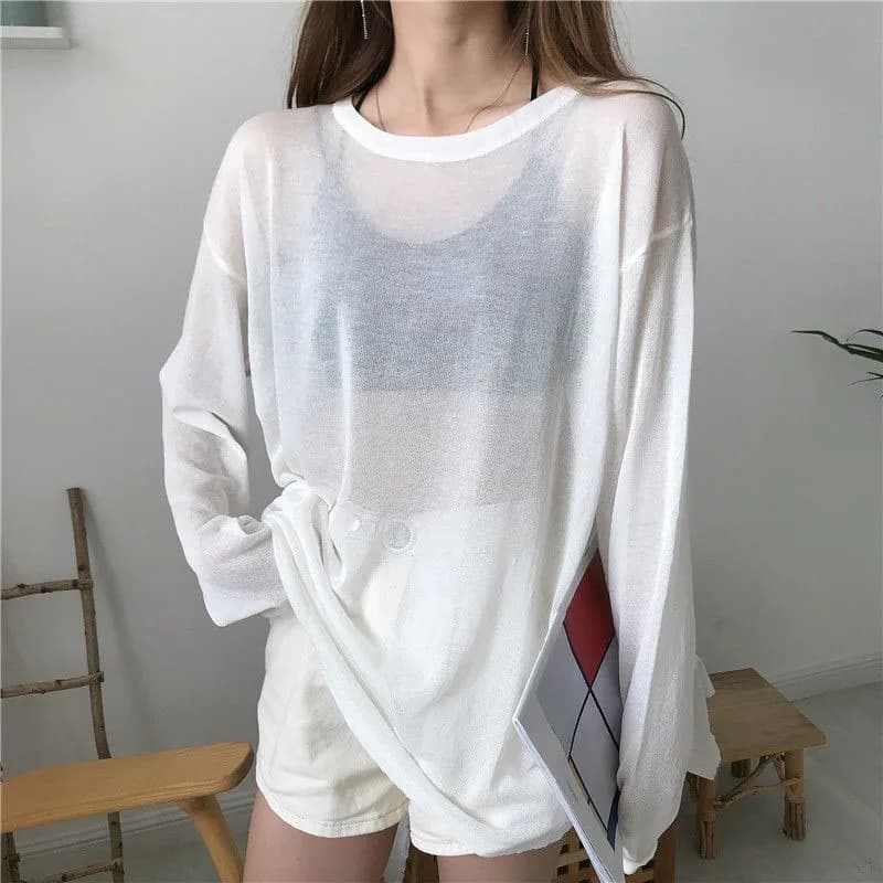 T-shirts transparents pour femmes, été, anti-UV, frais et respirants, à manches longues, couleur uni