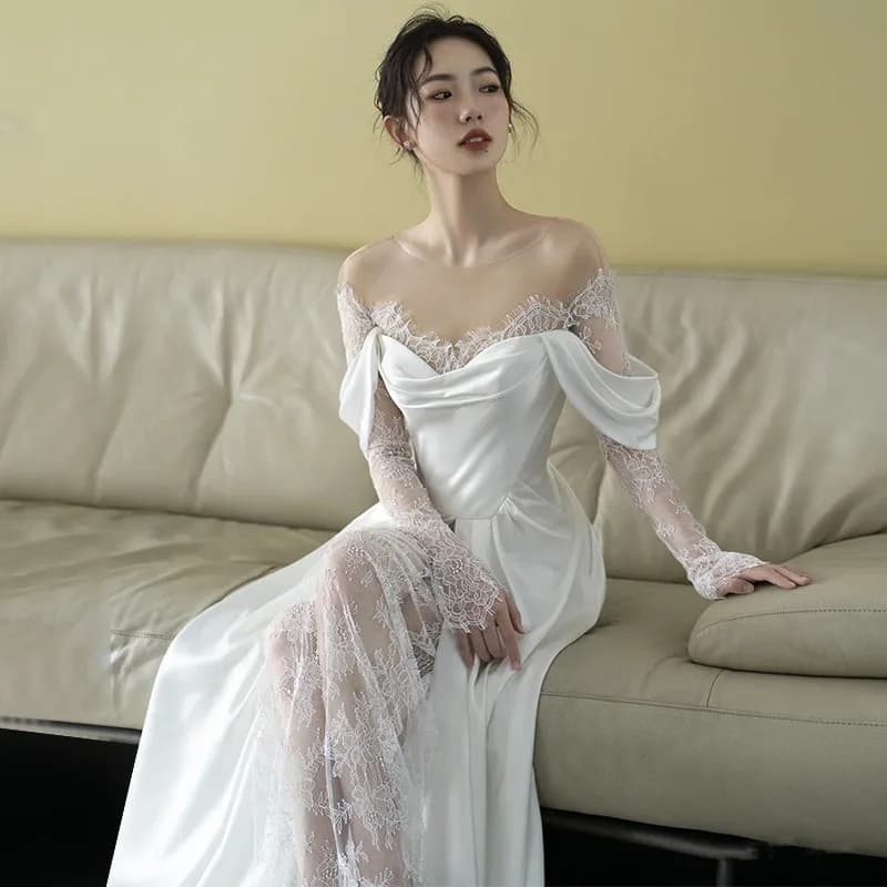 Robe de Mariée Élégante en Satin Blanc Français, à Manches sulf, Vintage, en Dentelle, Simple, pour 