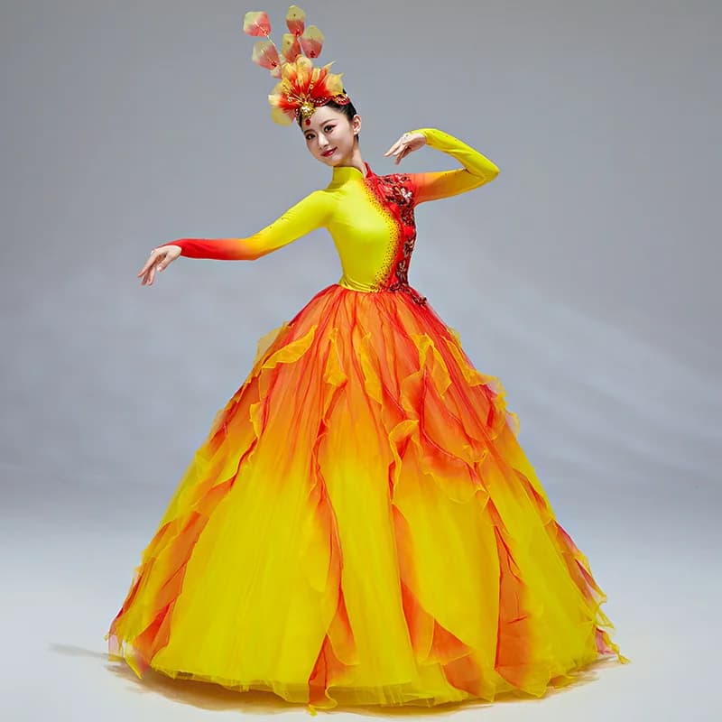 Robe à fleurs rouge jaune pour femmes, jupe à pétales à manches longues, dégradé, vêtements de danse