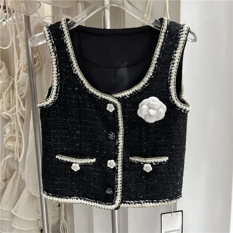 Gilet court en laine noir élégant pour femmes, haut polyvalent à la mode avec motif de fleurs 3D, St