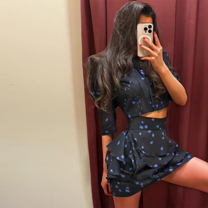 Ensemble 2 pièces jupe courte à volants imprimé floral pour femme, collection été 2026 : haut court 