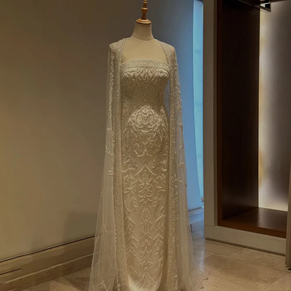 Robe de soirée blanche forme sirène, tenue de soirée de luxe, longue cape, perles, Dubaï, stérilie, 