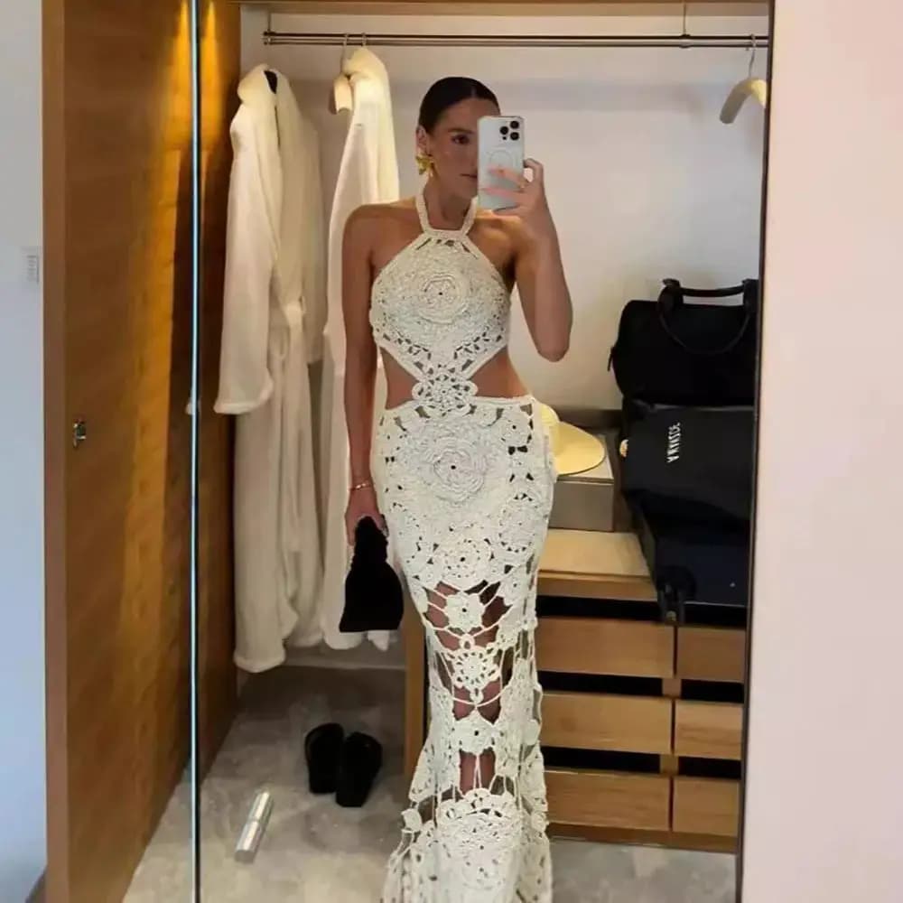 Robe longue en tricot et crochet sans manches pour femme, élégante et ajustée, idéale pour les fêtes