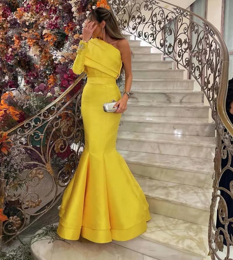 Robe de Soirée Sirène en Satin Jaune à Manches sulf, Longueur au Sol, Perles, Dubaï, Arabie Saoudite