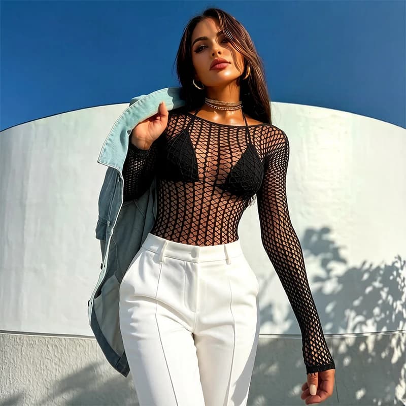 Haut transparent à manches longues pour femmes, haut sexy en résille, vêtements de plage d'été, couv