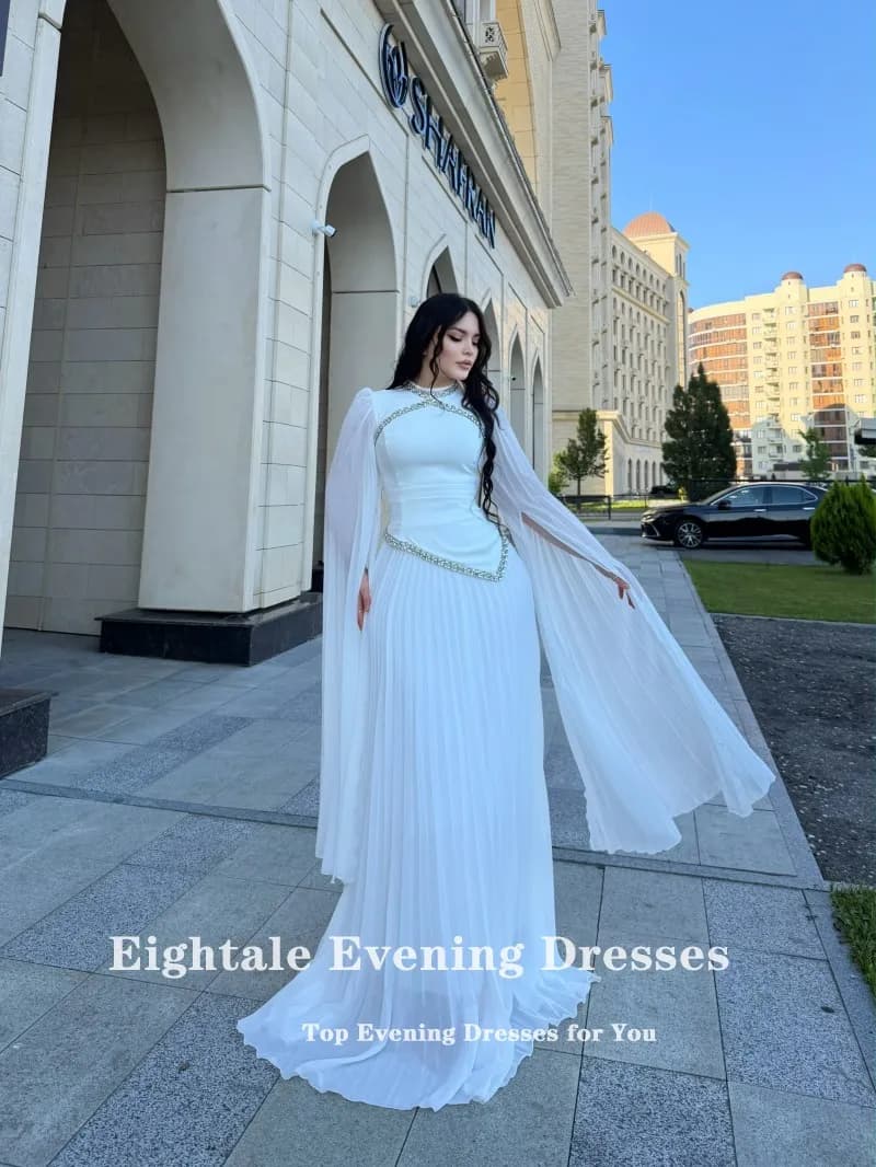 Robes de soirée jaunes beiges Eightale pour mariage, plissées, en mousseline de soie, perlées, manch