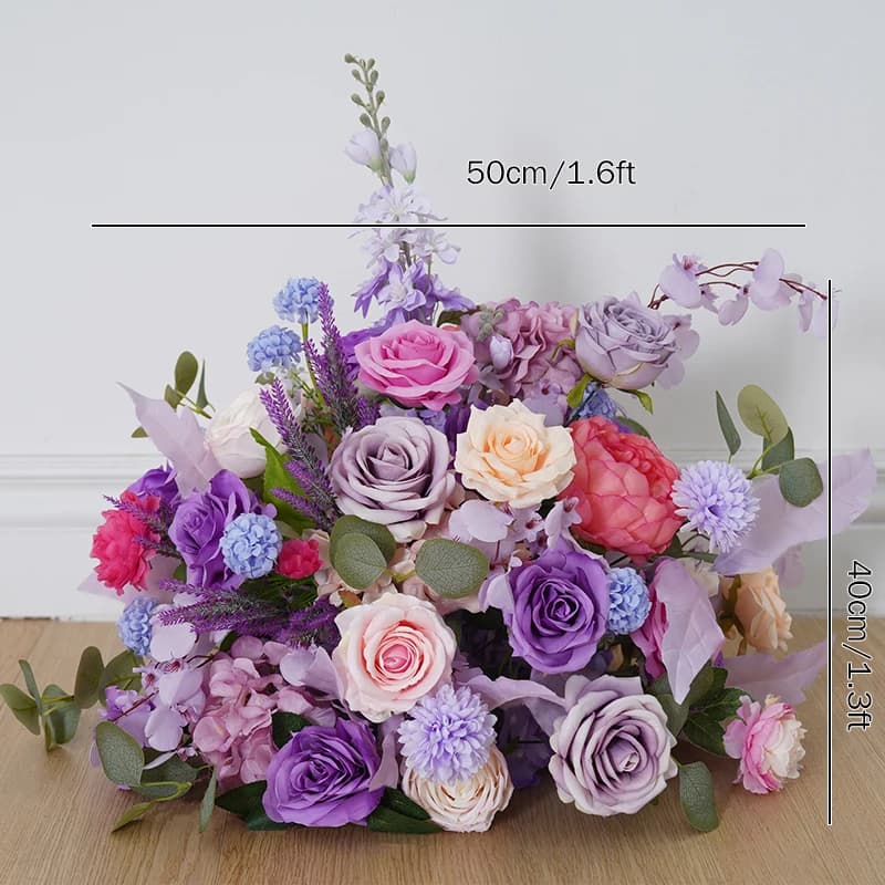 Chemin de canapé violet, Arrangement floral, support d'arrière-plan de mariage, décor, centres de ta