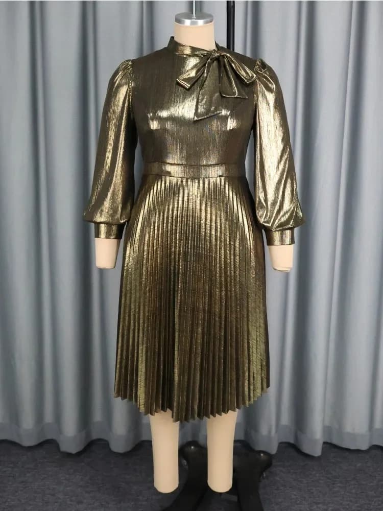 Robe élégante dorée à col mi-haut, manches longues lanterne plissées, ligne A, tenue de bureau décon