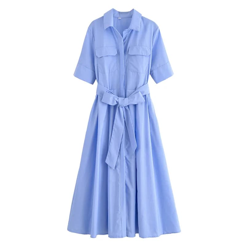 Robe chemise à manches courtes pour femmes, avec poches décontractées, décoration, robes longues cla