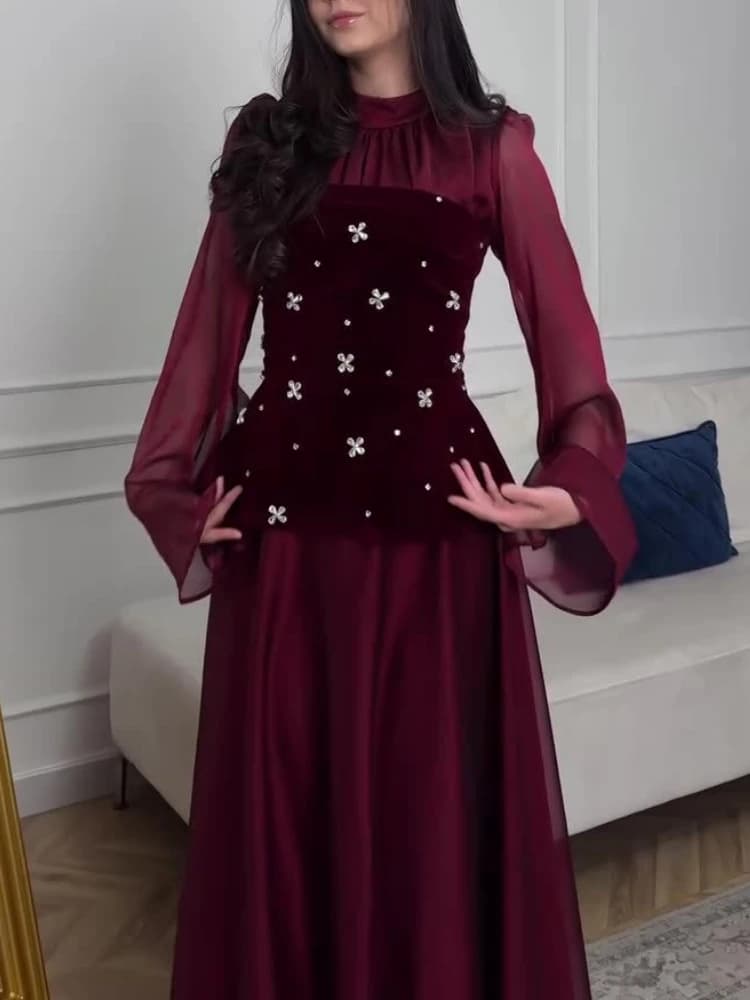 Robes longues à manches longues ornées de velours pour femmes avec manches évasées transparentes, pa