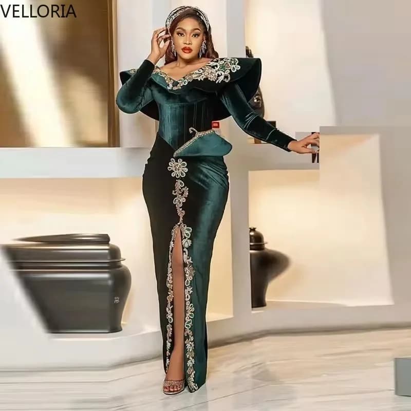 Robe De soirée verte élégante pour femmes africaines, fente avant en dentelle, perles, manches longu