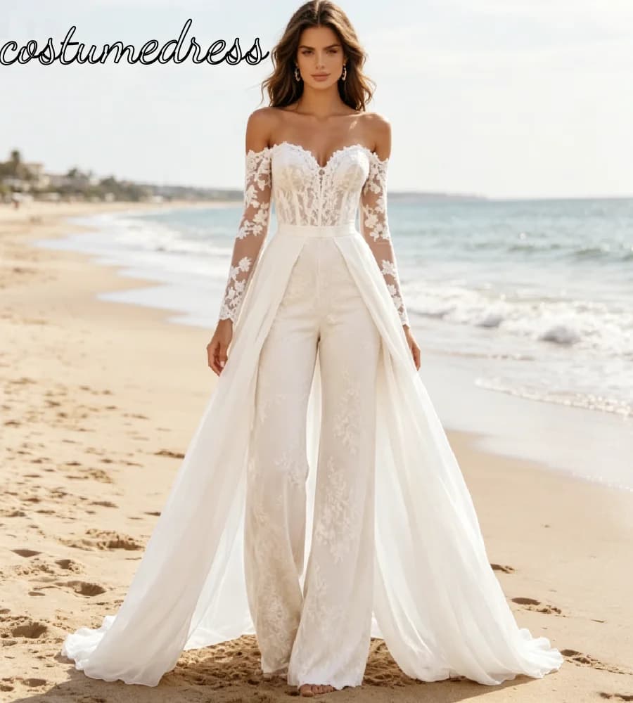 Robe de mariée combinaison bohème pour fuite de mariage 2026, à manches longues, avec corset cœur, p