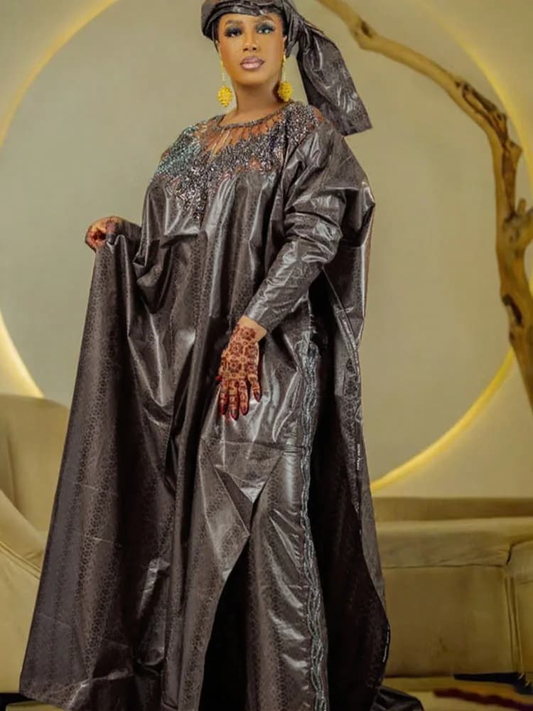 Bazin Riche pour robes longues africaines femmes fête de mariage col à paillettes Ankara Dashiki Rob