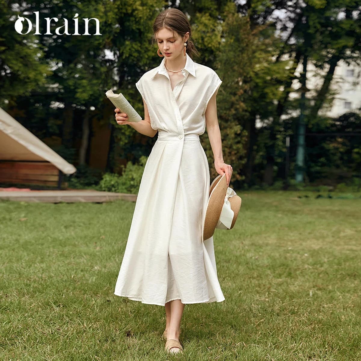 Robe Chemise OLrain Femme Été Lyocell 2026 Élégante Vintage Manches Courtes Évasée Longueur Midi Rob