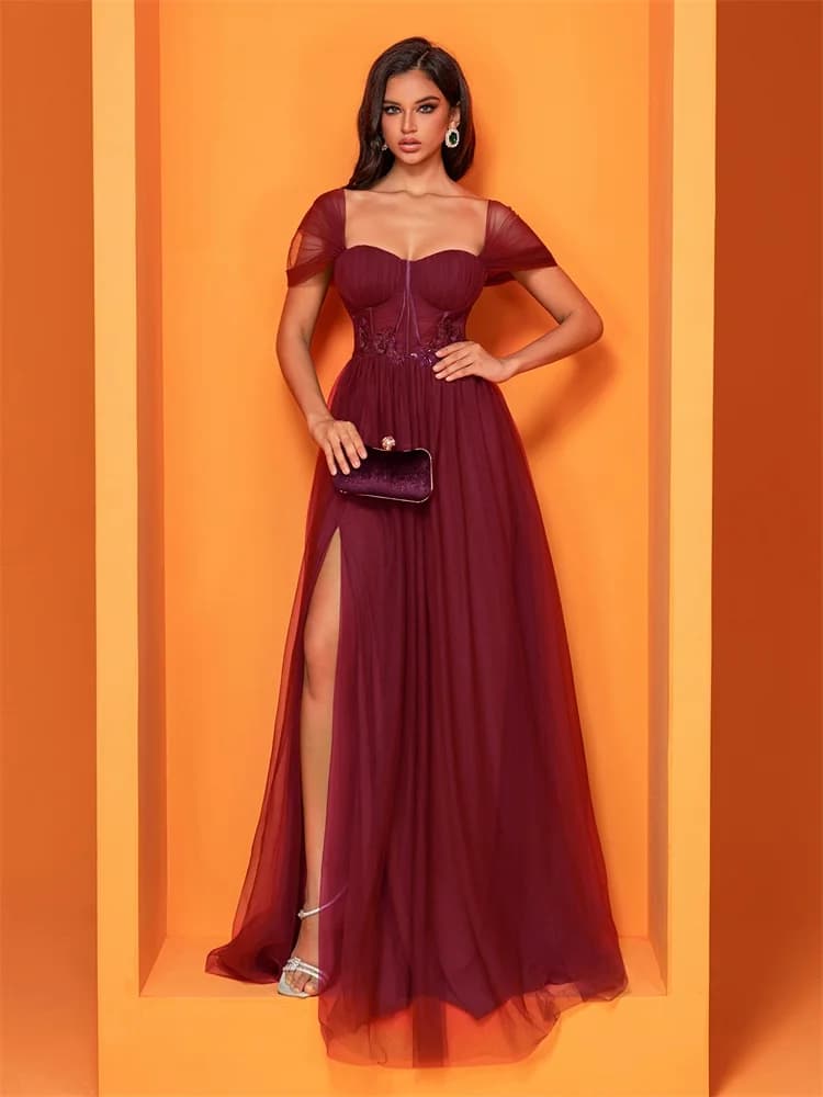 Robes de soirée élégantes Lucyinlove sans manches en tulle avec applications, col carré, fente, long