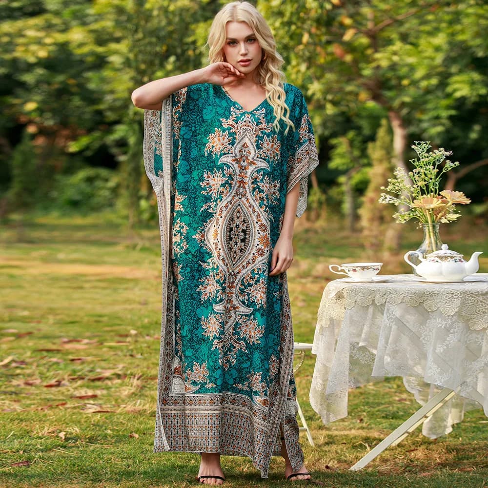 Robes de vacances bohèmes à col en V pour femmes, robe de plage décontractée ample d'été, robe longu