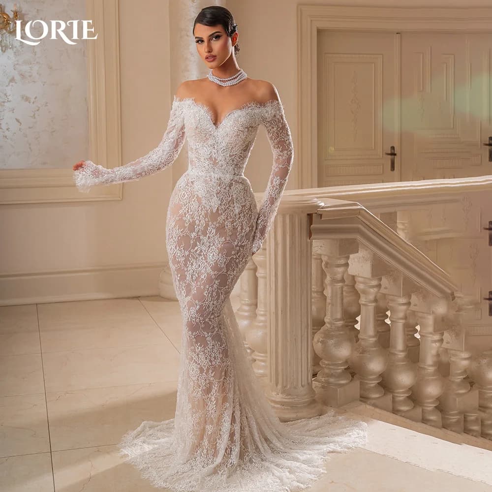 LORIE-Robe de Mariée Sirène en Dentelle à Manches sulf, Tenue Éducative Personnalisée