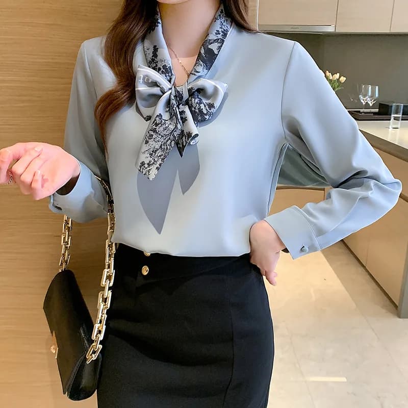 Chemise à manches longues avec nœud pour femme, haut tendance, nouvelle collection printemps et auto