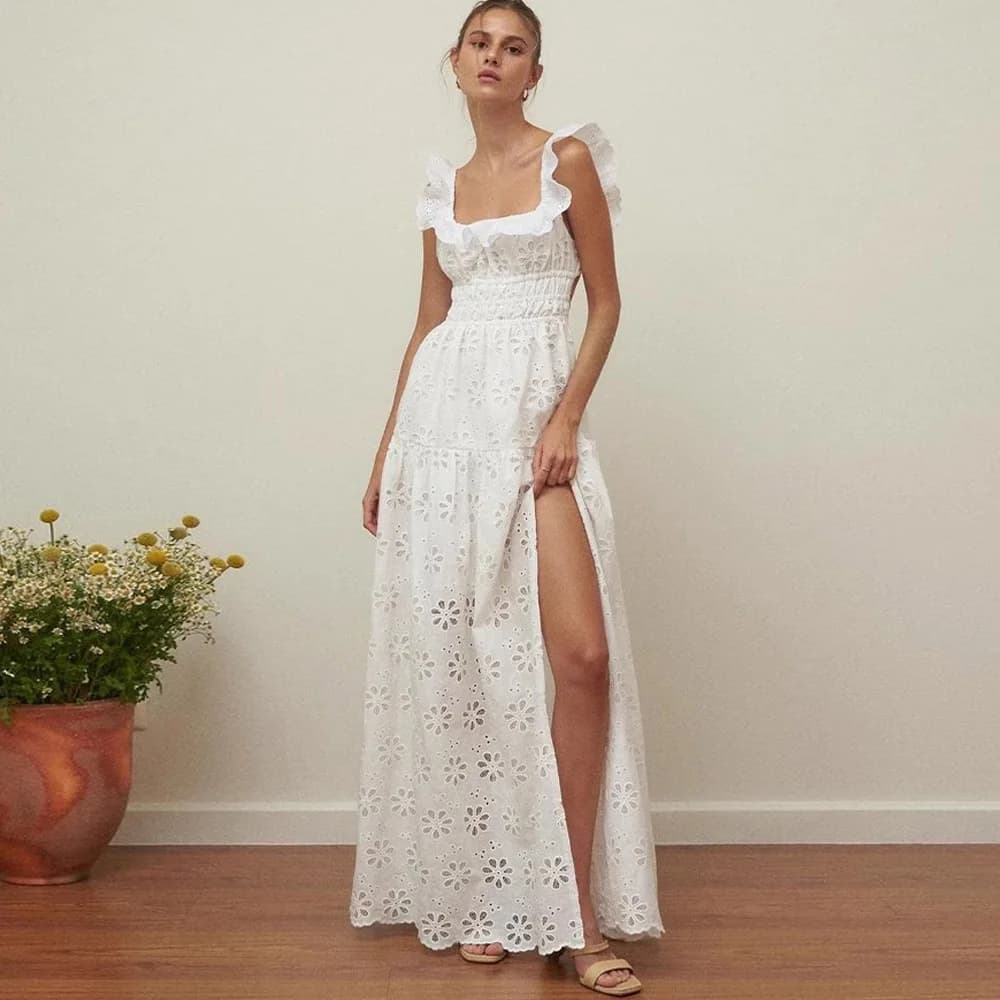 Robe maxi en dentelle brodée florale pour femmes, coton blanc, vintage, sexy, dos nu, fente latérale