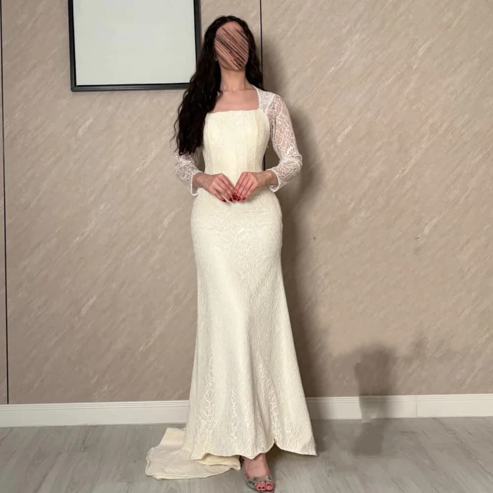 Robe de soirée de mariage personnalisée en dentelle, col carré, coupe trompette, longue, pour banque