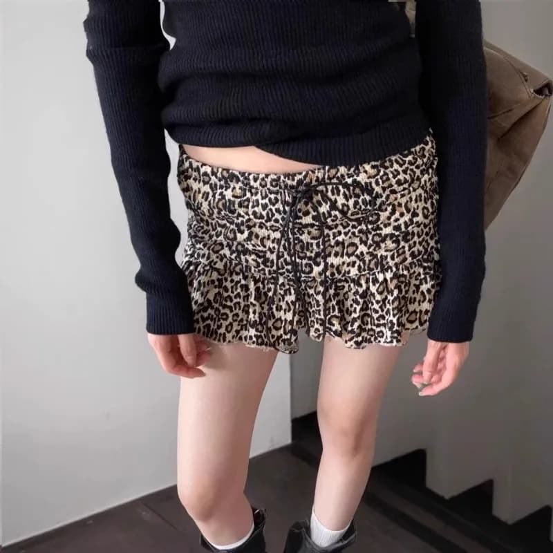 Mini jupe imprimée léopard, Style rétro américain, cordon de serrage à la taille, jupe trapèze pour 