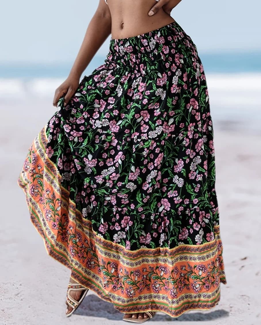 Jupe longue maxi à volants pour femme, imprimé floral bohème, taille haute, froncée, pour la plage e