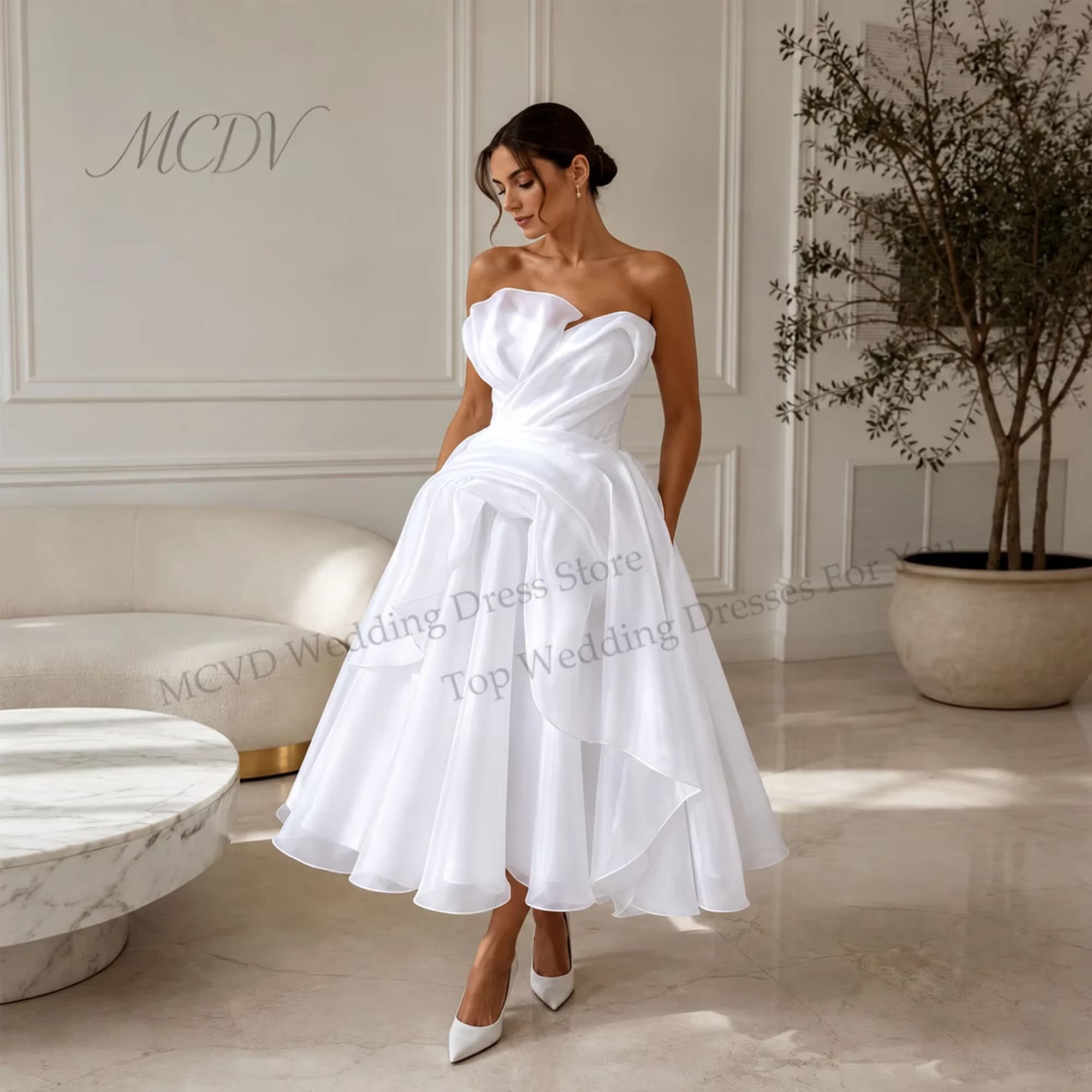 Robe de mariée midi simple 2026 en organza, coupe trapèze, dos corset, robe de réception courte, pou