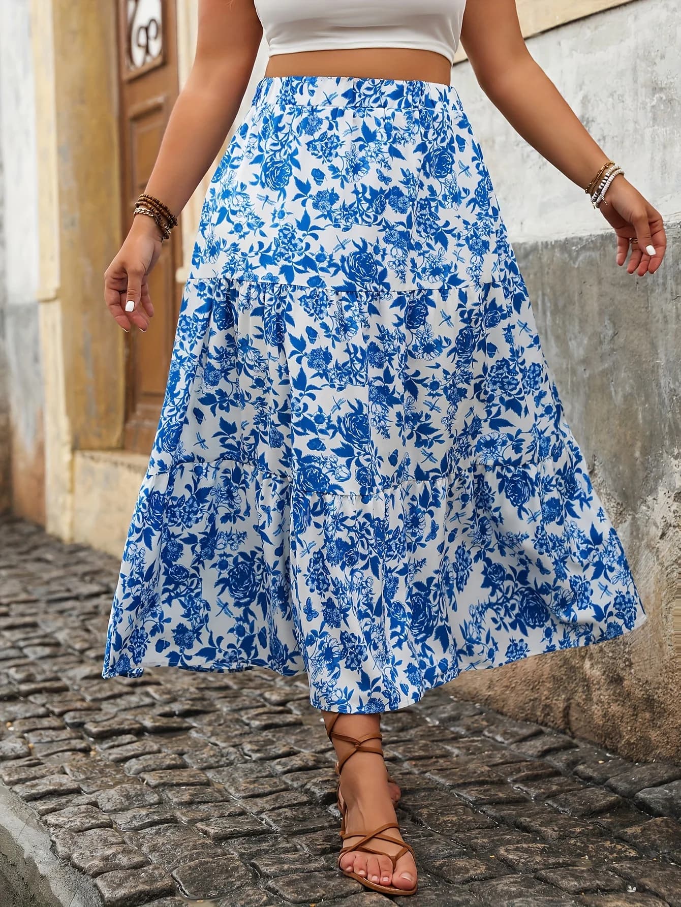 Jupe mi-longue élégante à imprimé floral pour femmes, grande taille, mode décontractée, taille haute