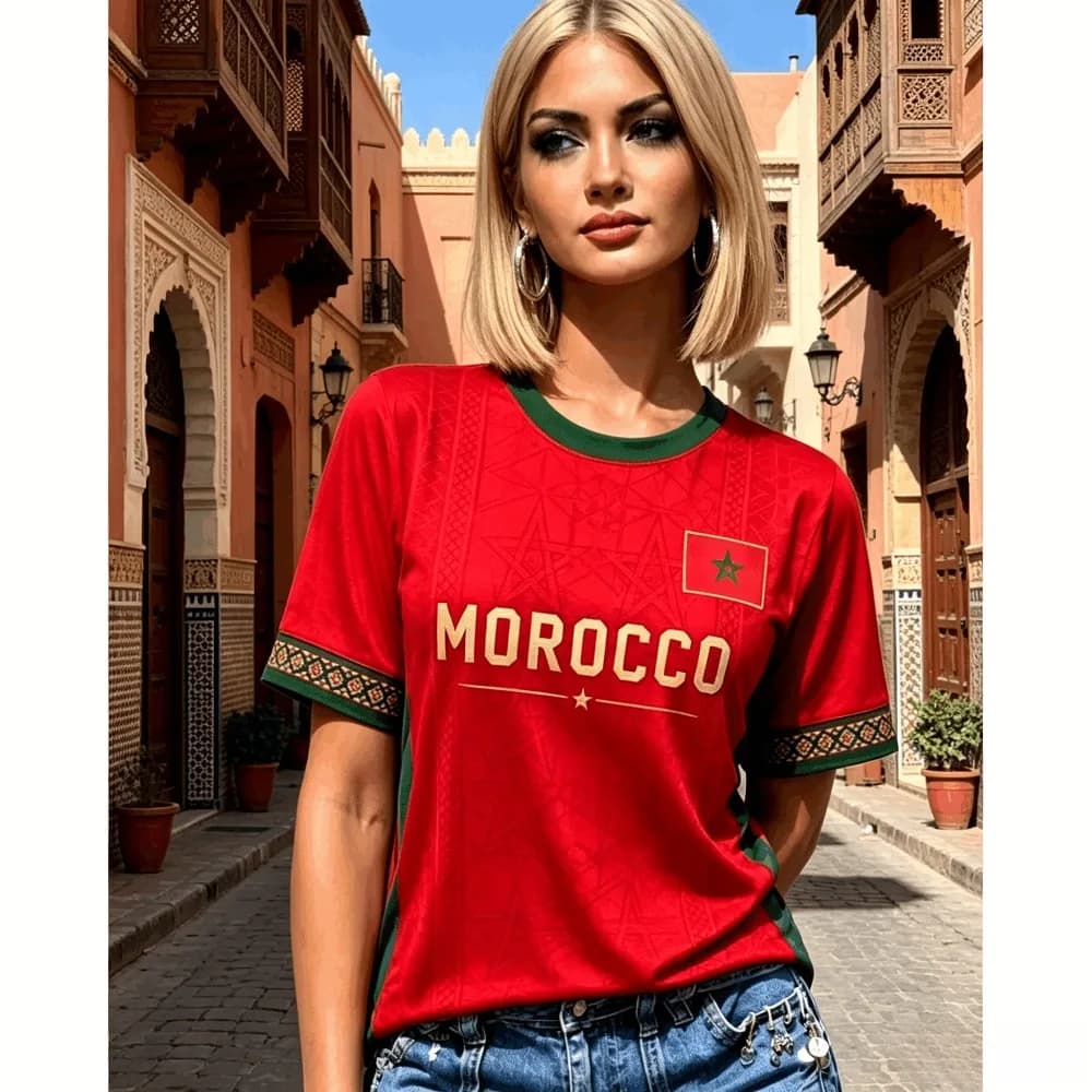 T-shirt d'été pour femme à manches courtes, motif drapeau du Maroc, style maillot de football, haut 