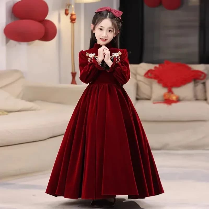 Robe rouge à manches longues pour fête d'anniversaire, tenue élégante pour enfants, robe de princess