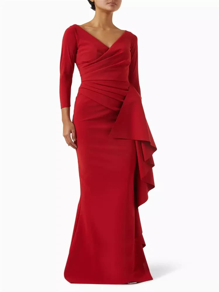 Robe de soirée droite en pansement à volants sur le devant pour femme, manches longues, fermeture à 